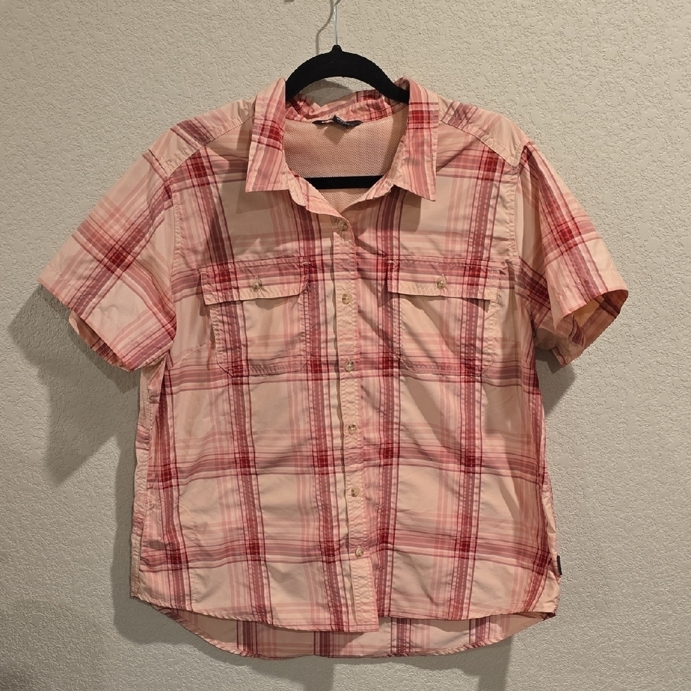 Eddie Bauer Pink Plaid Short Sleeve Utility Shirt Hiking Outdoor Top XL/EG